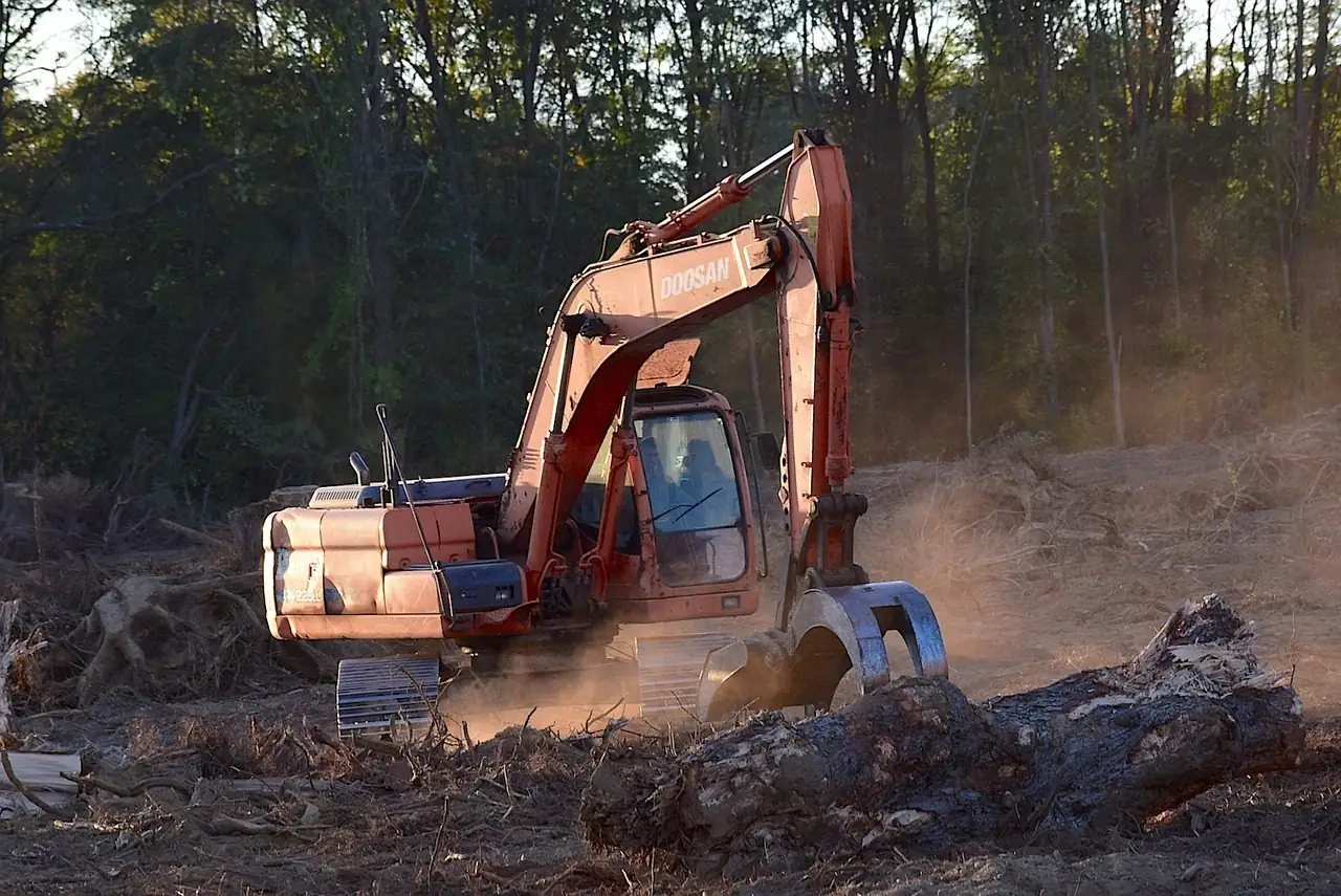 Orange excavator pushing through trees and brush on a wooded lot